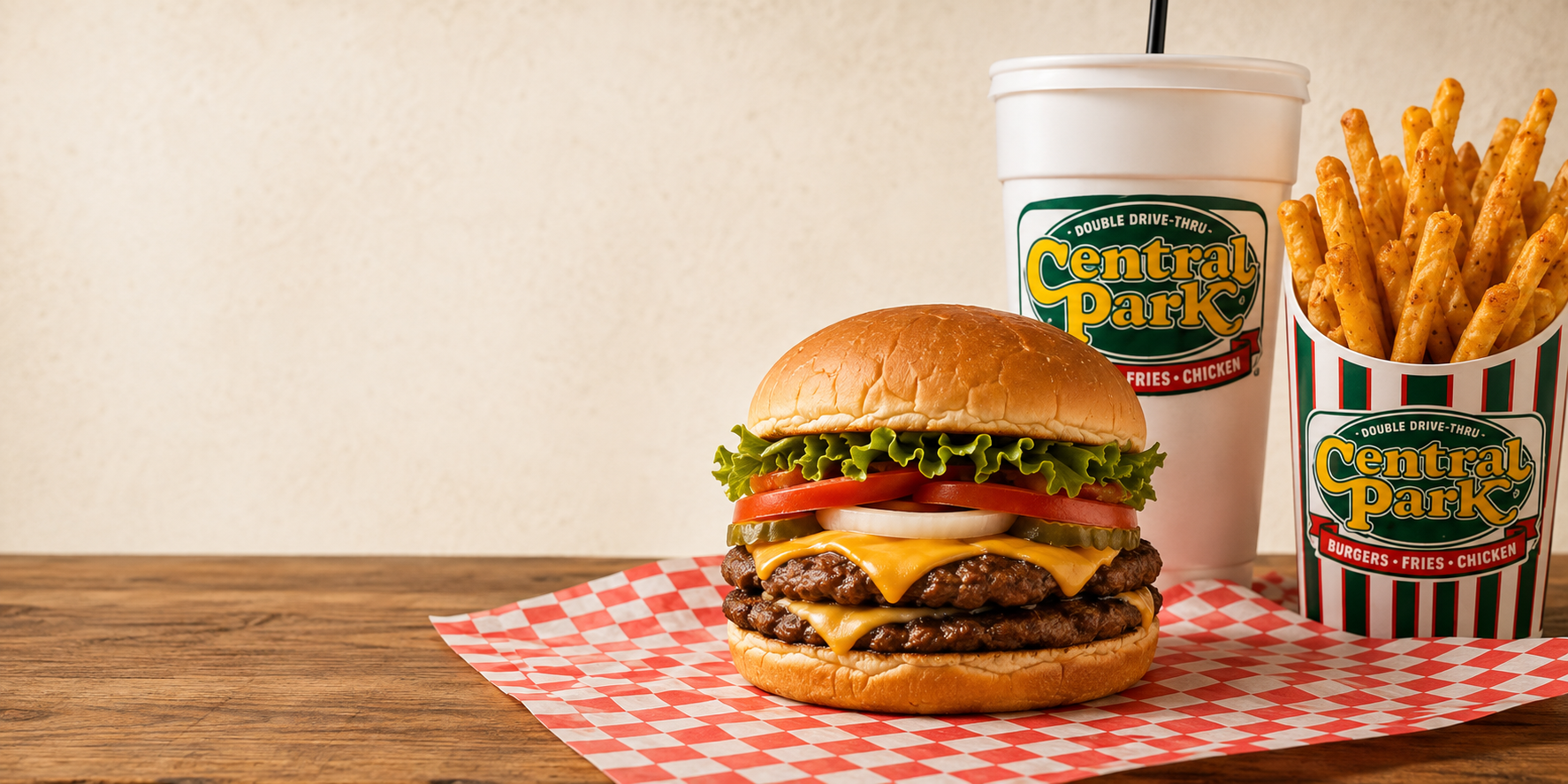Central Park burger combo with drink and seasoned fries
