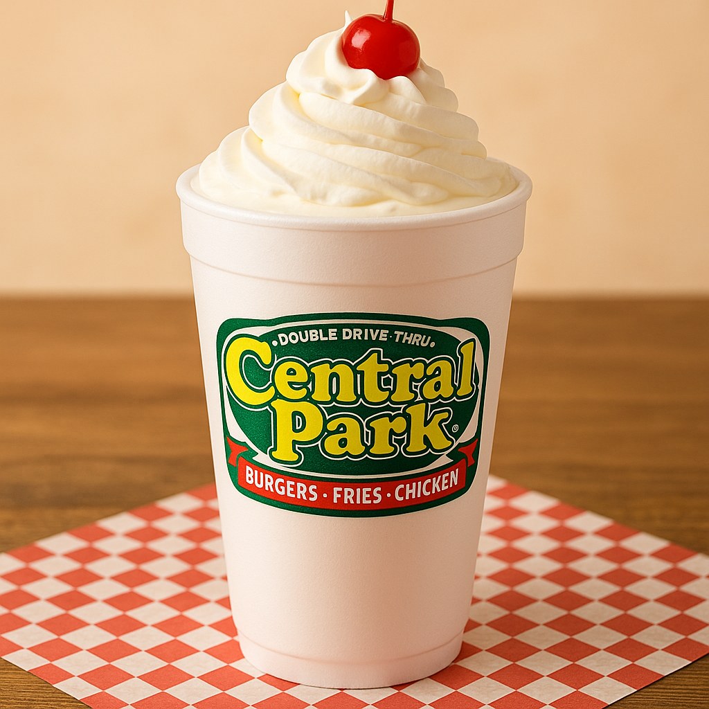 Hand-scooped Central Park milkshake with whipped cream and a cherry